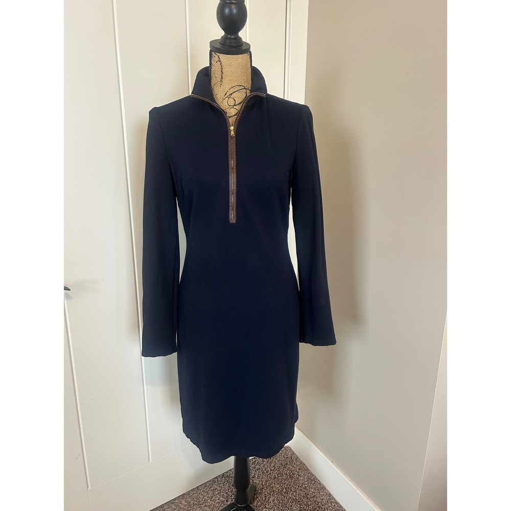 Lauren Ralph Lauren Preppy Navy Long Sleeve Leather Trim Classic Dress Size 10